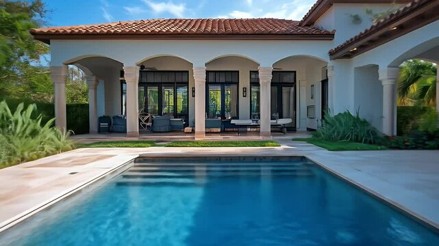 Luxurious Villa With Sparkling Blue Pool Under Clear Skies in Florida with Tile Roof and Mediterranean Style