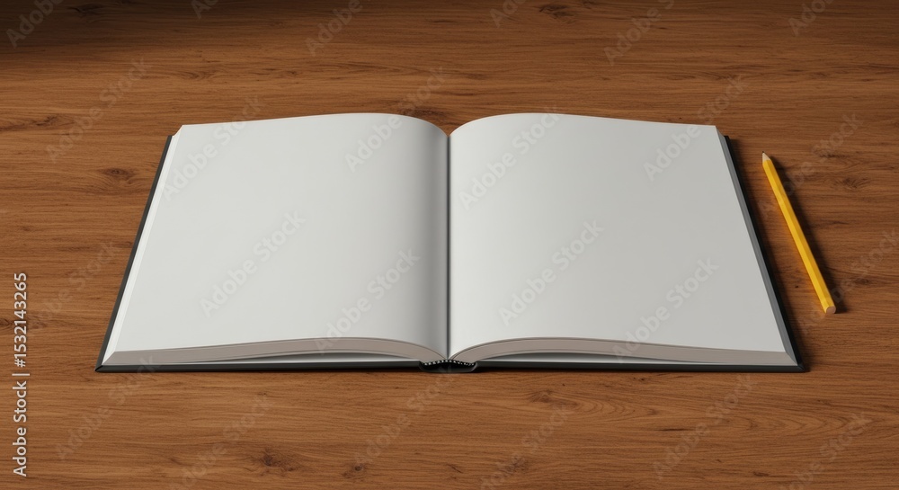 Poster open book with blank pages on wooden surface with a pencil. blank book resting open on a brown woode