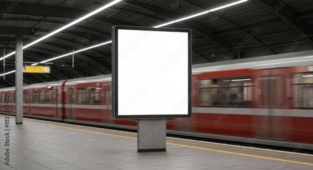 Poster empty digital billboard in a metropolitan subway station with a moving train. blank advertisement di