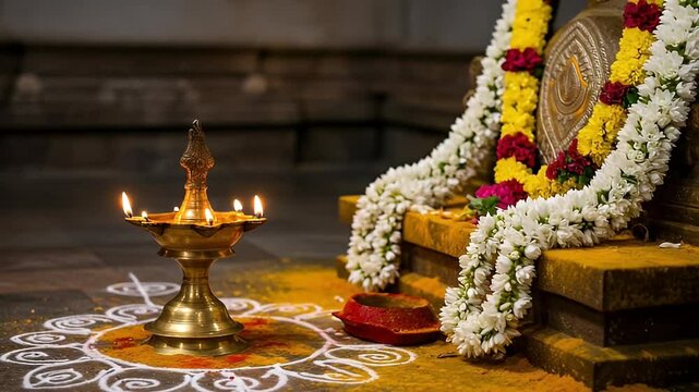 Ornate Brass Oil Lamp Flames Near Festive Floral Garlands and Rangoli on a Hindu Temple Floor