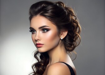 Fototapeta premium portrait of a girl with beautiful makeup and hairstyle, studio shooting, brunettes with beautiful hairdos, beautiful makeup