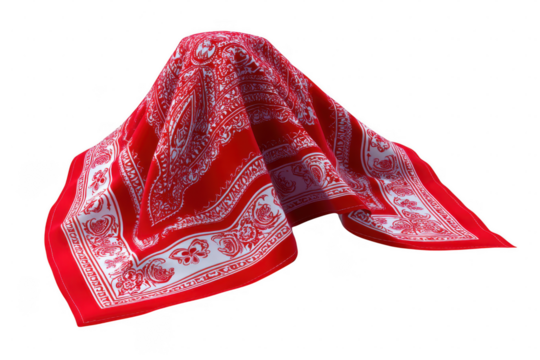Red patterned fabric draped over an unseen object isolated on a transparent background