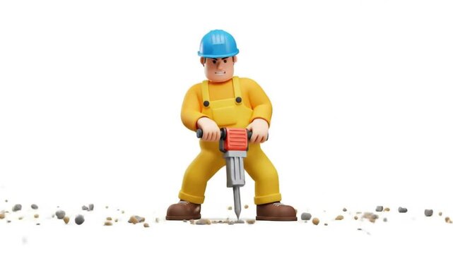 Cartoon construction worker with jackhammer animated 3 d
