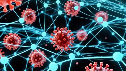 Animated representation of the coronavirus cell structure and connected network within a dark setting. - Powered by Adobe