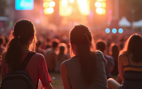 Teenagers, summer music festival, sitting in front of stage. High quality
