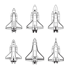 Space shuttle flying through stars in line art style