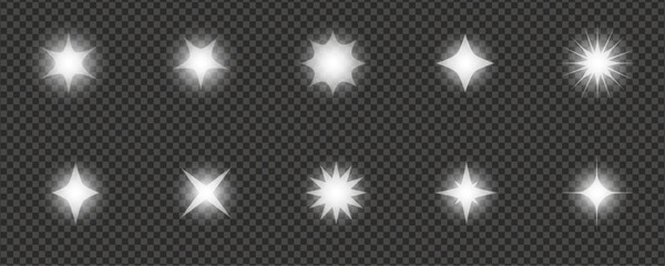 Set white glowing starburst shapes shining brightly . Suitable for festive design projects and celestial themes. Festive occasions, celestial themes, magical designs, Christmas decor, event invitation