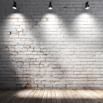 Fototapeta White Brick Wall Room Interior Wooden Floor Spotlights Background Texture Design Vintage Rustic Grunge Room Apartment House Home Studio Backdrop Image old grey 