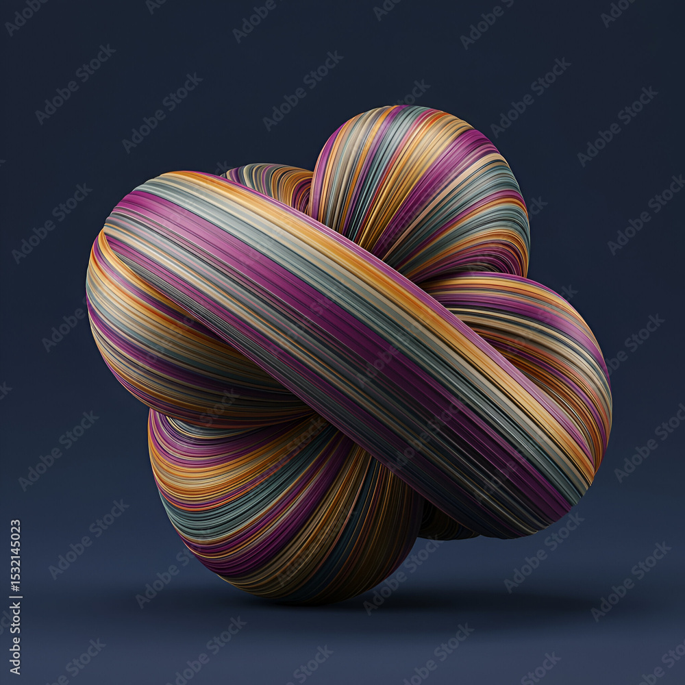 Poster abstract multicolored striped knot in a dark background. colorful, dynamic knot with a complex, mult