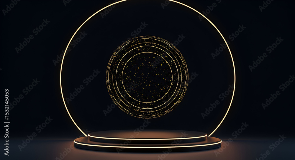 Poster abstract geometric sphere with glowing concentric circles in a dark, modern setting. floating orb wi