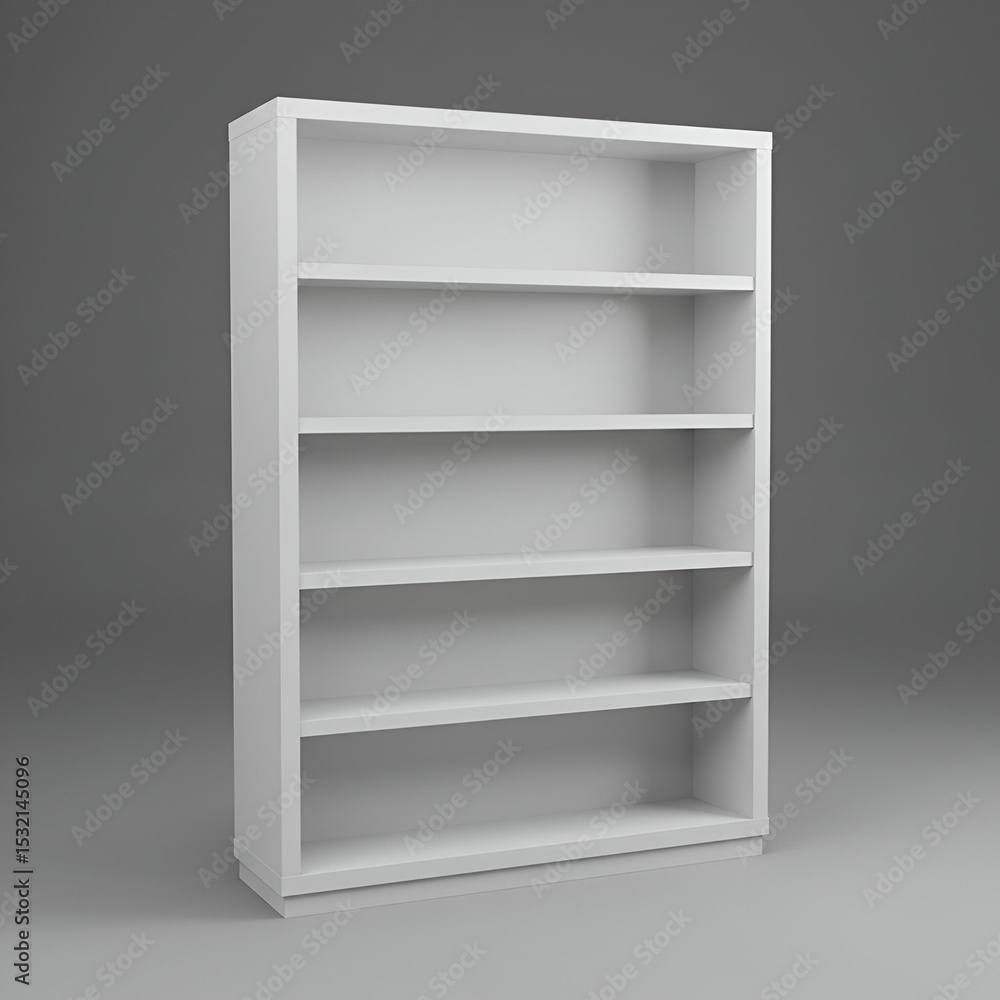 Poster empty white bookshelf with five shelves in a neutral studio setting. modern, simple, and versatile s