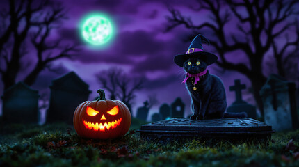 A black cat in a witch hat sits on a tombstone next to a pumpkin with a carved face - a Halloween scene, mysticism and gothic mood of a cemetery at night