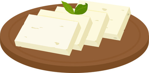 Feta cheese slices on a wooden cutting board. Pieces of white Greek cheese with green basil or oregano leaf. Dairy product appetizer dish from Greece. Vector illustration