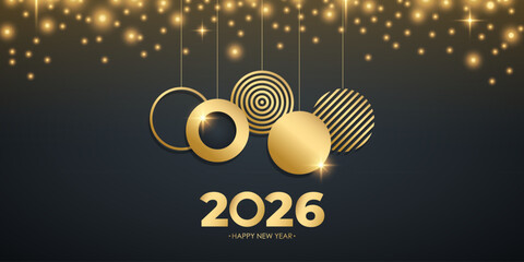 2026 Happy New Year celebration banner. Golden Christmas balls and glittering sparks. Black and gold colors. Vector illustration.