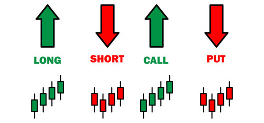 Icons for trading terms call ,put, buy, sell, short and long. includes green and red arrows symbols. Ideal for stock market, forex and crypto visuals. icons, vector, symbols.