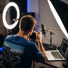 Gen AI Home photo and video studio, a guy shoots and edits videos for a video blog using a video camera, a light bulb, a microphone