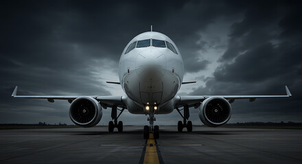 Obraz premium Powerful Airplane on Runway Facing Stormy Sky Aviation Photography