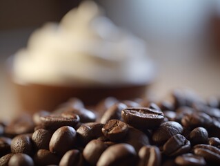 Close-up of coffee beans in the foreground with out-of-focus cups and drinks in the background, using a macro lens for product photography to highlight clear textures and colors.