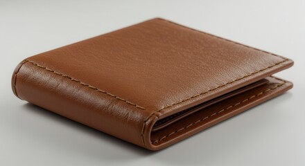 Obraz premium Brown leather wallet with visible stitching placed on a light-colored surface