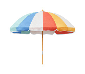 Obraz premium Colorful striped beach umbrella with wooden pole
