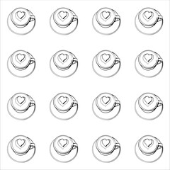 pattern cup of coffee with heart drawn milk stands on a plate on a white isolated background