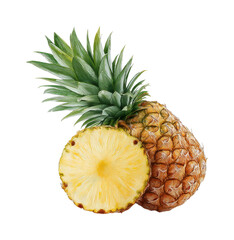 Juicy ripe pineapple with sliced half revealing fresh yellow flesh