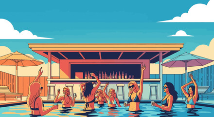 A lively vector illustration captures women celebrating a vibrant summer pool party with drinks, epitomizing fun and relaxation on vacation