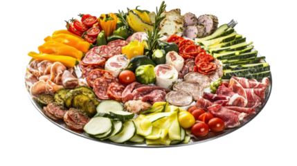Assorted Gourmet Platter Featuring Cured Meats Fresh Vegetables and Flavorful Cheese Selection