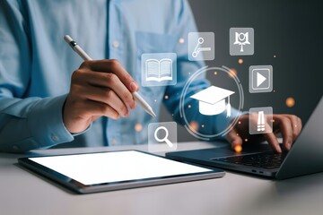 Person using digital tablet and laptop with educational icons overlaid.