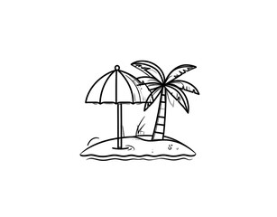 Outlined beach scene with palm tree umbrella and lounge chair on an island