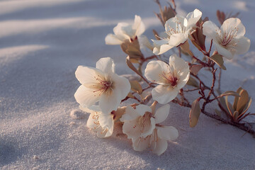 Delicate white blossoms rest on the sandy surface.