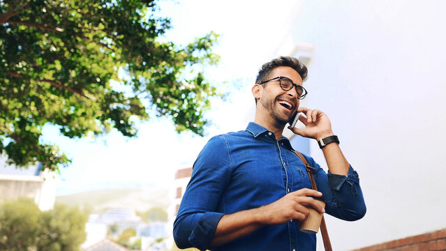 Phone call, commute and man travel with laughter, connection or funny joke. Happy, creative person with smartphone, networking and contact with mobile conversation for internship opportunity in city - Powered by Adobe