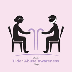 World Elder Abuse Awareness Day or WEAAD is observed every year on 15th June. Elderly couple chatting and sitting on chair vector, illustration.
