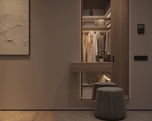Beige Mocha Corridor with an entrance hall and furniture with a clothes rack. 3d rendering.