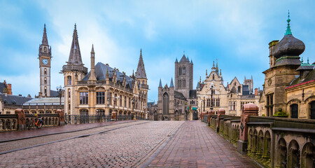 Panoramic View of Ghent Historic City Center in Belgium. 