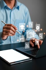 Person using digital tablet and laptop with virtual icons.