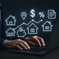 Businessman Analyzing Real Estate Market with Digital Financial Interface on Laptop