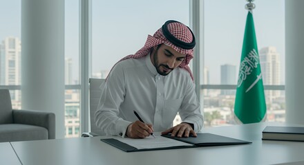 Arab Businessman Signing Important Documents in Modern Office