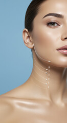 Young Woman Face Lifting Arrows Illustrating Beauty Therapy Against Blue Background