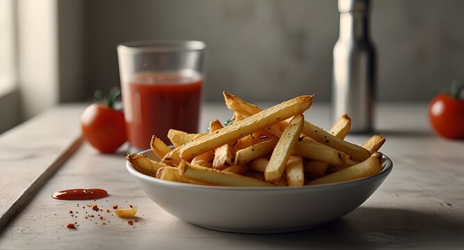 A serving of crispy French fries in a cup, accompanied by ketchup and a tomato, set against a minimalist white backdrop. - Powered by Adobe
