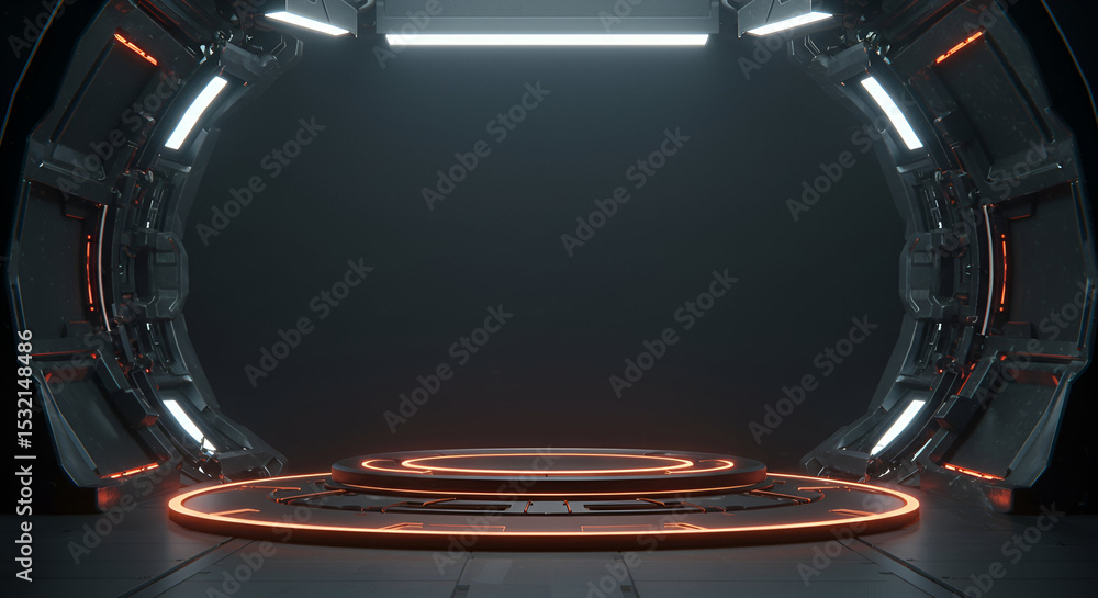 Poster empty futuristic pedestal with glowing orange accents within a dark, metallic archway. empty stage f