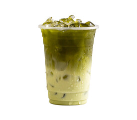 Iced of milk matcha green tea in plastic cup isolated white background.