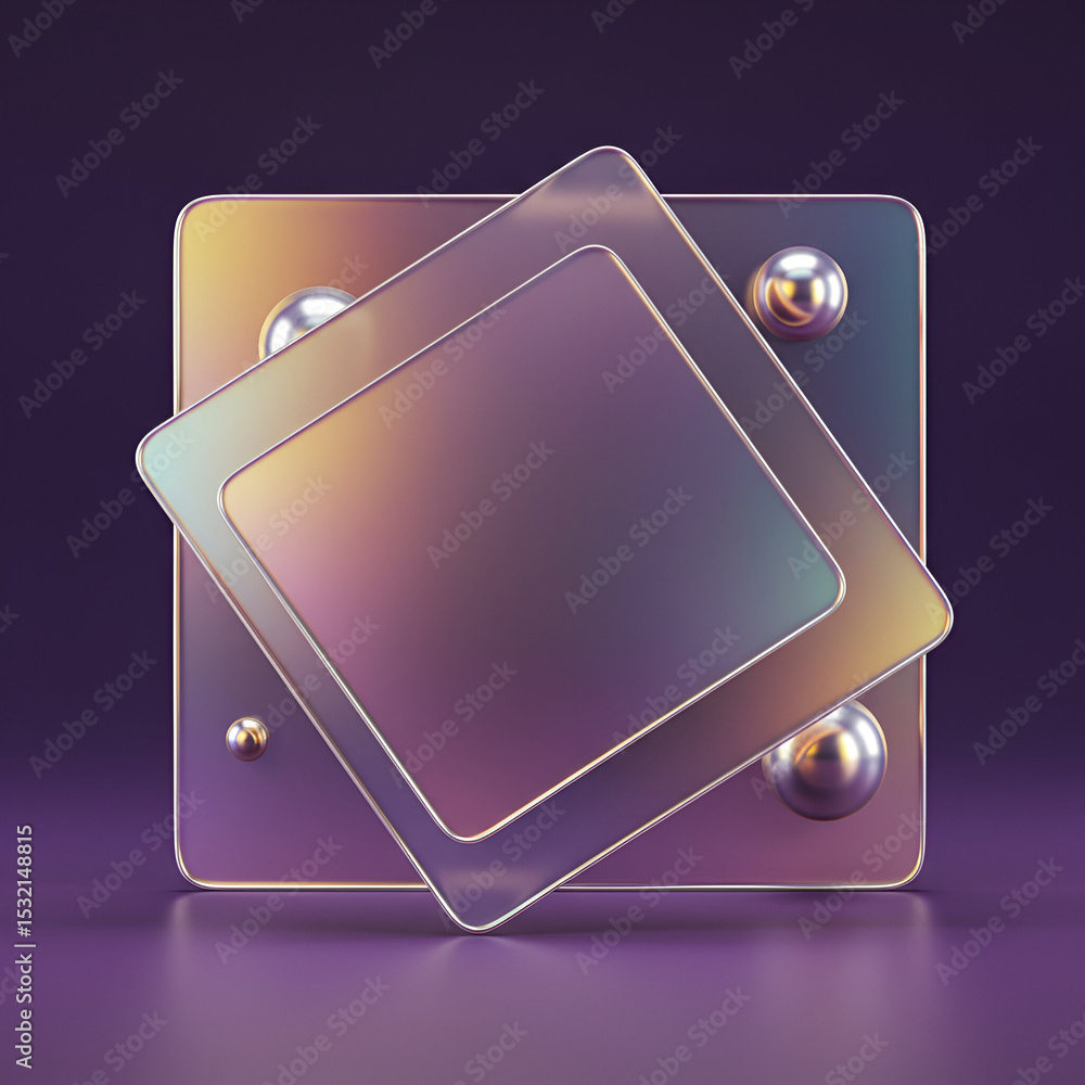 Poster abstract iridescent squares with metallic accents in a minimalist setting. geometric shapes in overl
