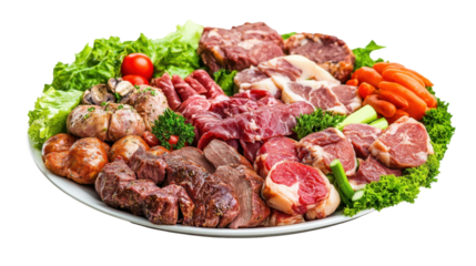 Assorted Raw Meat Platter with Fresh Vegetables and Herbs Ready for Cooking and Grilling