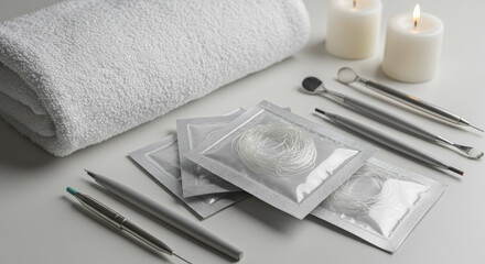 Collagen Threads in Silver Packages with Spa Tools and Towel on White Surface
