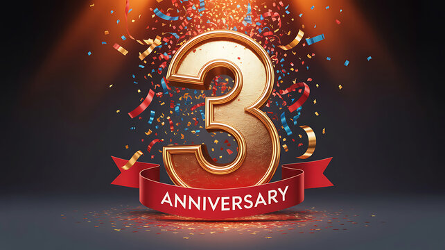 Golden three year anniversary celebration with confetti and red ribbon for special occasion