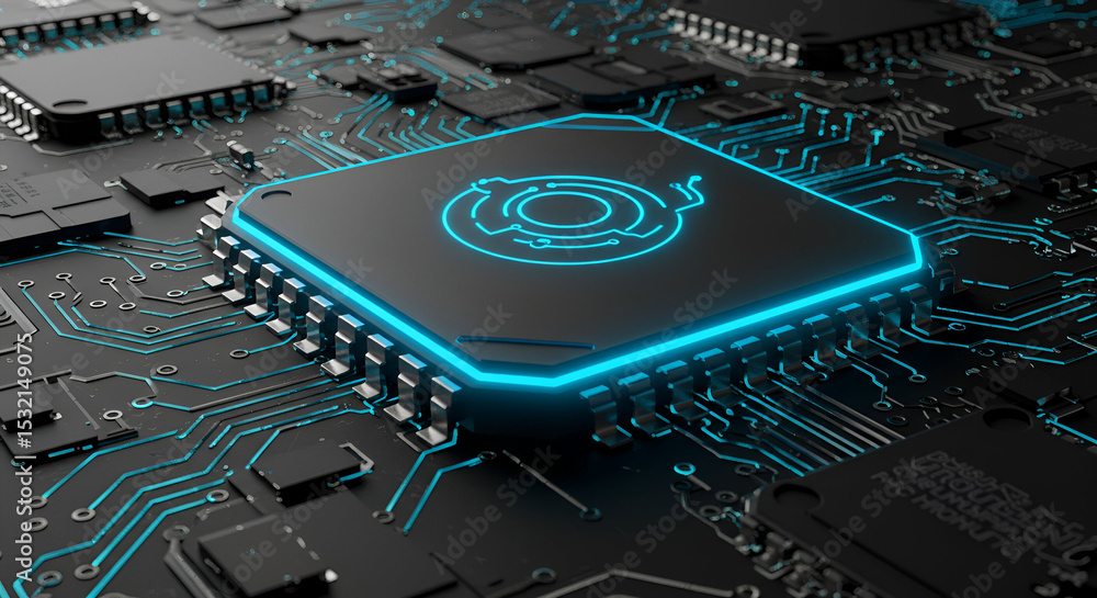 Aufkleber high-tech circuit board with illuminated processor chip. detailed close-up of a modern electronic co