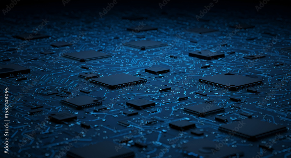 Poster printed circuit board with integrated circuits in a dark blue tone. close up view of complex electro