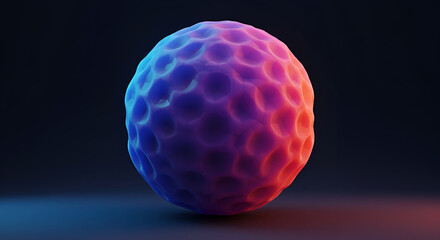 Abstract, multicolored, textured sphere against a dark background. Sphere with a bumpy, uneven surface illuminated by vibrant, contrasting neon lights.