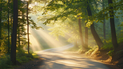 Sunlit forest path with golden rays through trees, a serene nature escape